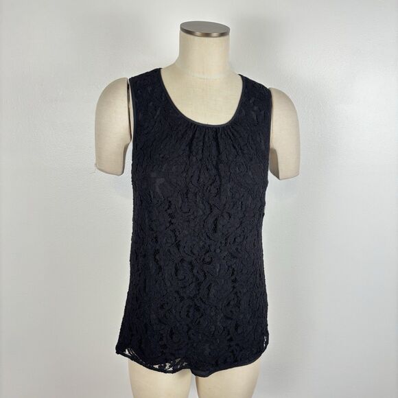 Talbots Sz 10 Black Lace Overlay Lined Rayon Blend Basic Sleeveless Shirt Blouse - Picture 1 of 7